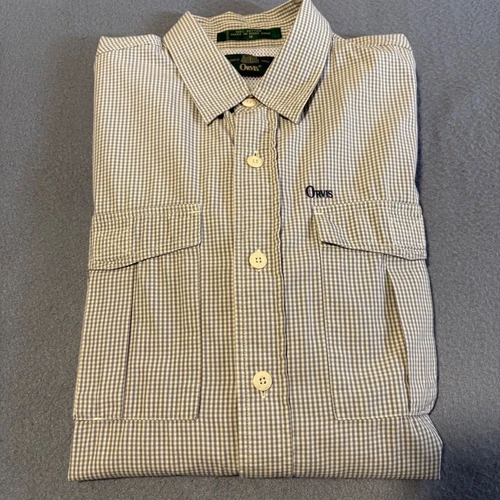 Vintage Orvis Fishing‎ Shirt Mens M Tan Gingham Cotton Utility Made in Hong Kong